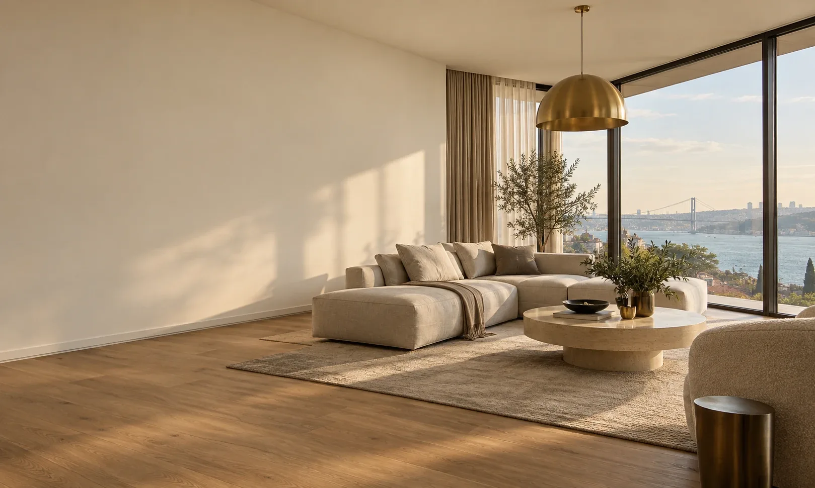 Boğaz manzaralı, doğal ışık alan modern bir salon
