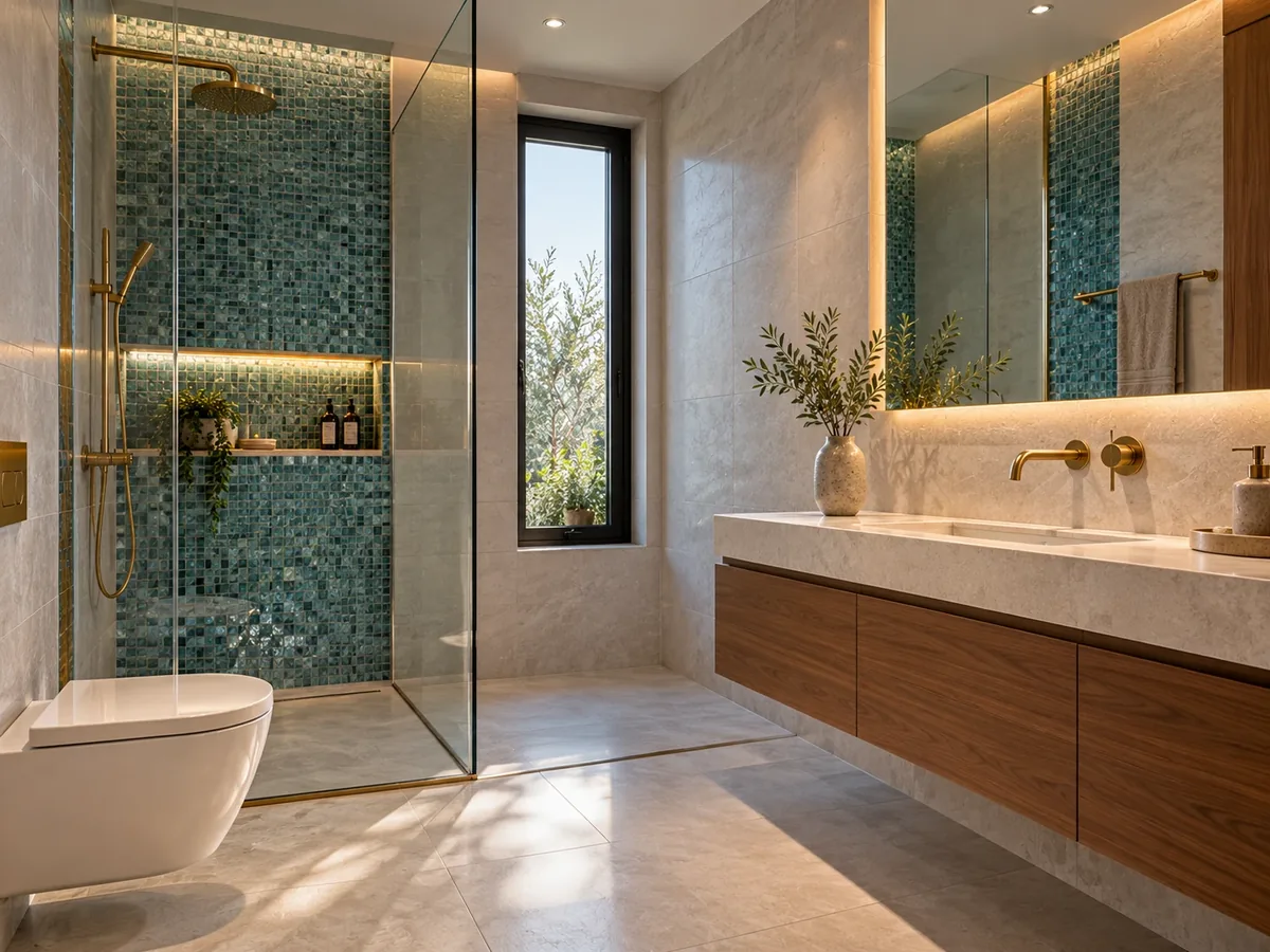 Büyük ebat seramik kaplı, duşunda cam mozaik niş bulunan yenilenmiş banyo