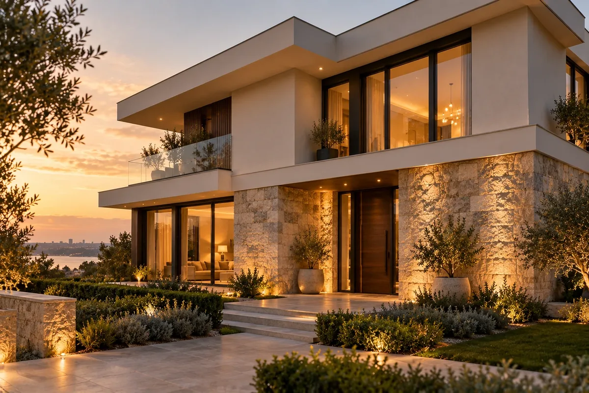 Zemin katı doğal taş kaplı, üst katı açık renk sıvalı modern villa dış cephesi