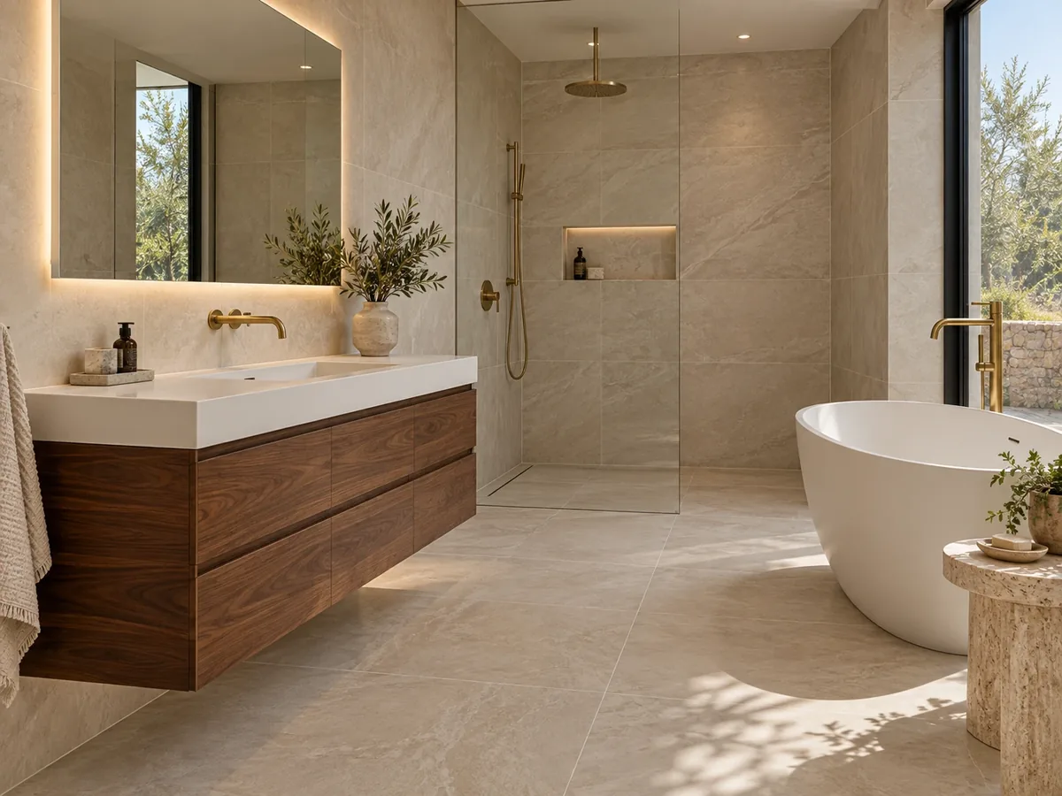 Büyük ebat bej seramik kaplı, ceviz lavabo dolaplı, duşakabinli ve küvetli modern banyo