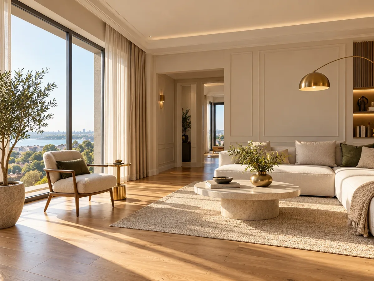 Komple yenilenmiş, deniz manzaralı modern bir dairenin salonu